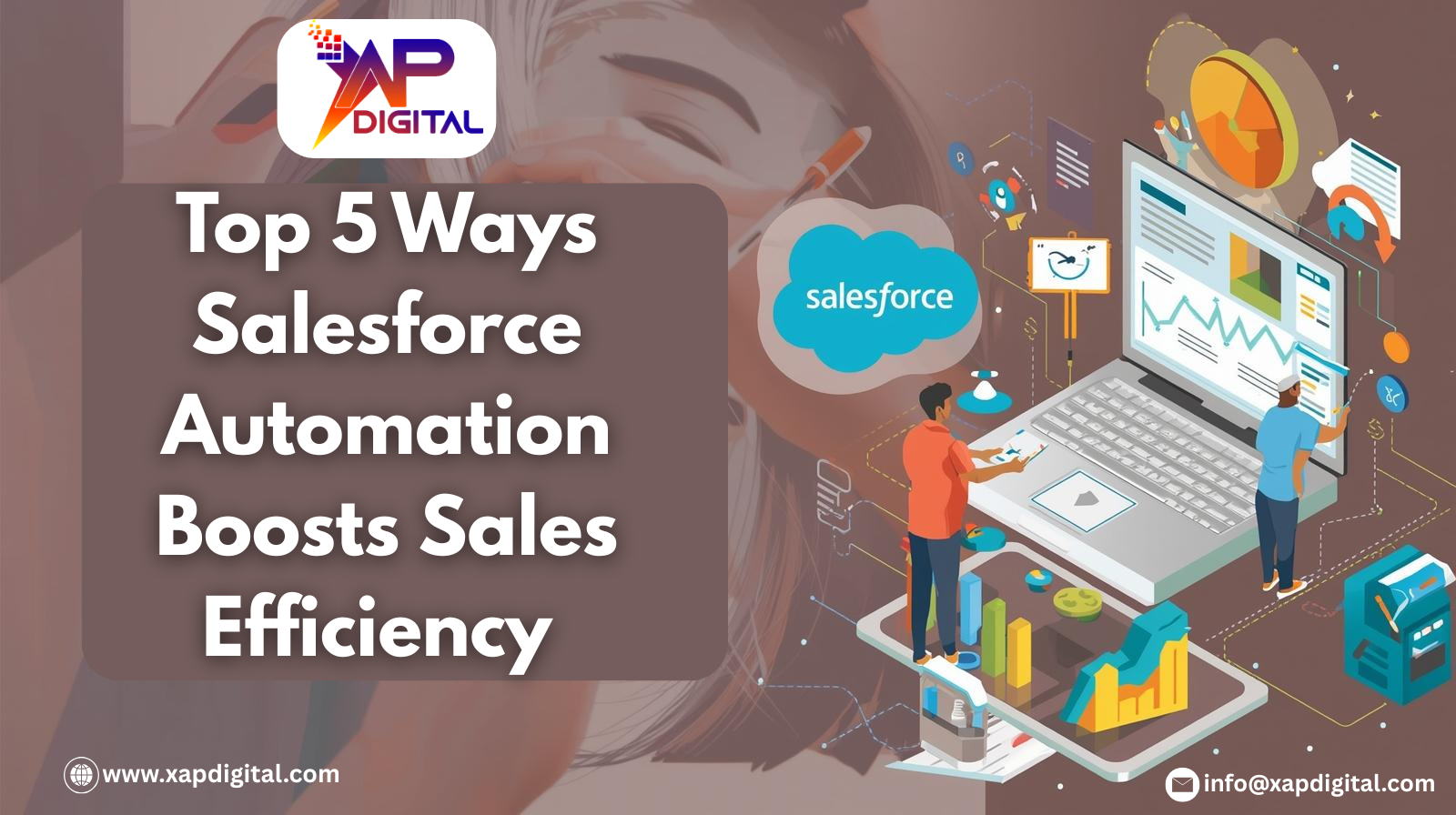 Top 5 ways Salesforce automation boosts sales efficiency banner by XapDigital with illustrated team using Salesforce tools.